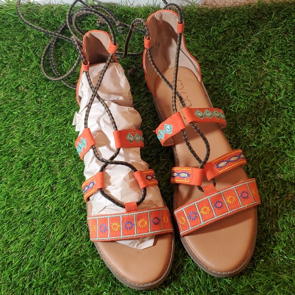 Orange Aztec Faux Suede Tie Up Sandals
